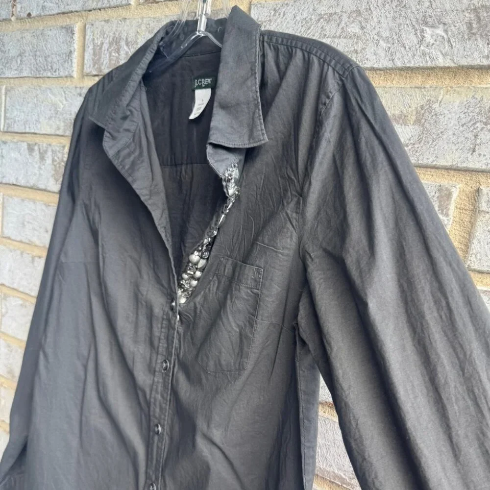 J. Crew Long Sleeve Button Up Embellished 100% Cotton Gray Shirt Women's Size S